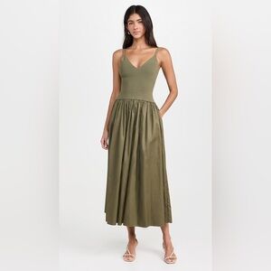 NWT La Ligne Romeo Dress Knit Combo Dress with Poplin Skirt Khaki Green Size XS